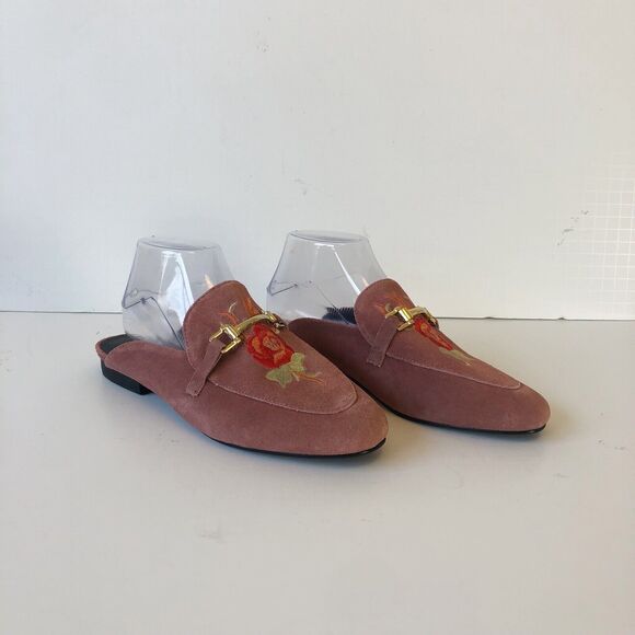Ellos Horsebit Leather Suede Mules Loafers Pink Rose Embroidered Womens Size 8.5 - Picture 1 of 13
